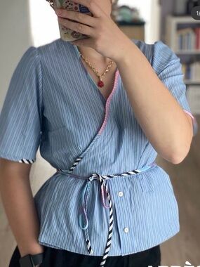 Striped Blue Wrap-Style Women's Top - one of a kind thrift flip